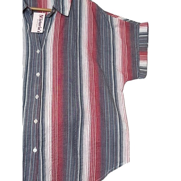 NWT Keren Hart Womens Striped Short Sleeve Shirt Large Red/Blue Cotton Button - Picture 3 of 16